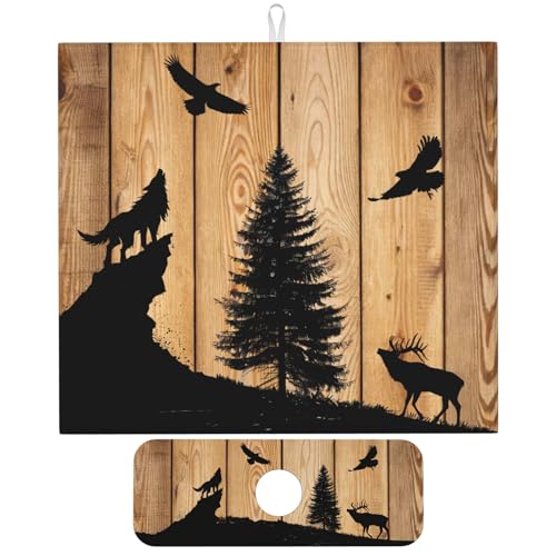 Retro Rustic Wolf Deer Forest Brown Wood Dish Drying Mat for Kitchen Counter, 16"x18" Microfiber Absorbent Fast Dry Mat, 2Pcs Dish Mat Faucet Mats Sets, Large Drying Kitchen Mat Kitchen Drying Pad - color: Retro Rustic Wolf Deer Forest Brown Wood, size: 1