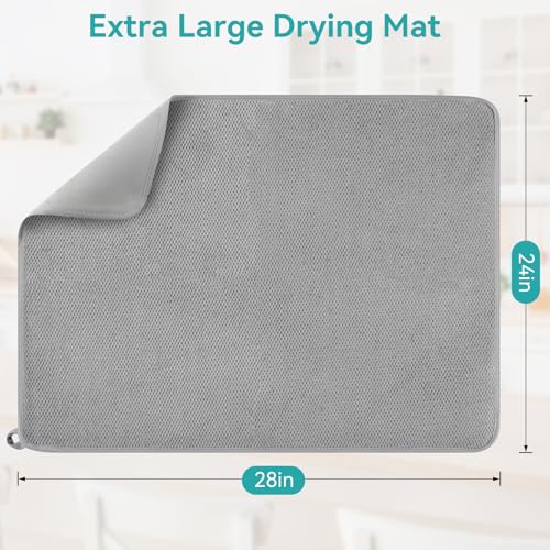 Ninsula Dish Drying Mat, 18 x 24 In Absorbent Microfiber Drying Matt Kitchen Counter, Extra Large Foldable Drying Mat for Countertops, Sinks and Draining Racks (Gray)