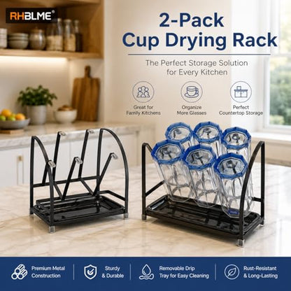 RHBLME 2 Packs Glass Drying Rack, Vertical Bottle Drying Rack Glass Bottle Holder with Drain Tray, Silicone Protective Hooks, Carbon Steel Non Slip Cup Mug Organizer for Glass Coffee Mug Countertop