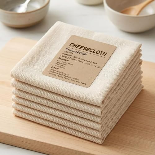 Cheesecloth, 6 Pack Reusable Unbleached Cotton, 20x20 Inch, Fine Mesh for Straining, Cheese and Paneer Making