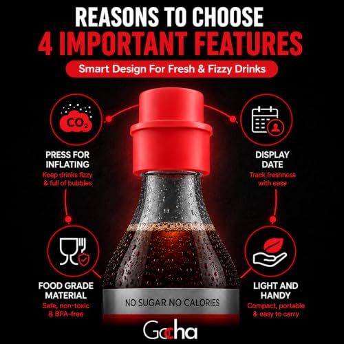 GOCHA 2 PCS Vacuum Soda Bottle Stoppers, Silicone Fizz Keeper Caps, Carbonation Preserver for Soda, Sparkling Water, Soft Drinks & Beer Bottles, Reusable Leak Proof Bottle Sealer | (Red) - color: Red