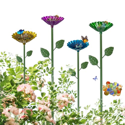 Bee Watering Station for Garden with 20 Marbles,Butterfly Watering Station for Outdoor Decor in Flower Design,Water Feeder to Attract Pollinators(Red,Green,Blue,Yellow) - style: Classic Style