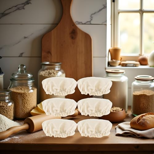 6 Pcs Beige Sourdough Starter Jar Cloth Covers,Cotton Linen Bread Fermentation Cover,Sourdough Starter Jar Kits Replacement,Elastic Cloth Covers Fit Jars Mouth from 3-4 inch Set Canning Lids
