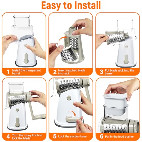 Rotary Cheese Grater Hand Crank with 5 Interchangeable Blades, Vegetable Slicer Chopper for Fruit Vegetable Nuts, Mandoline Slicer for Kitchen with Blades Rack & Suction Base, White - color: White