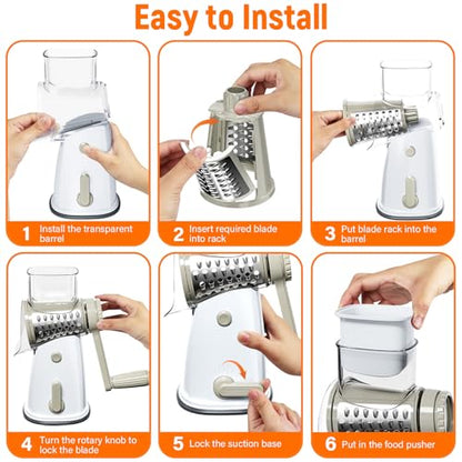 Rotary Cheese Grater Hand Crank with 5 Interchangeable Blades, Vegetable Slicer Chopper for Fruit Vegetable Nuts, Mandoline Slicer for Kitchen with Blades Rack & Suction Base, White - color: White