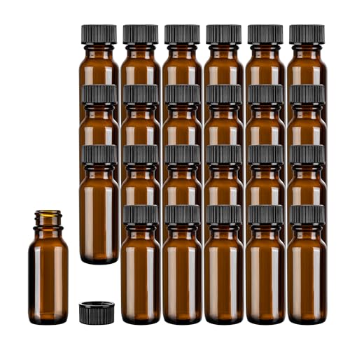 Restaurantware Vetri 0.5 Ounce Boston Glass Bottles, 48 Sample Bottles With Black Phenolic Caps - Dishwashable, Round, Amber Glass Bottle, For Potion, Juice, Ginger Shots, Whiskey, Liquids - color: Amber, size: 0.5 oz