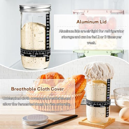 Sourdough Bread Baking Supplies,24 oz Sourdough Starter Jar Glass, Sourdough Starter Kit with Date Marked Feeding Band, Thermometer, Silicone Scraper, Sewn Cloth Cover & Aluminum Lid, Sourdough Jar - size: 24oz-1pcs