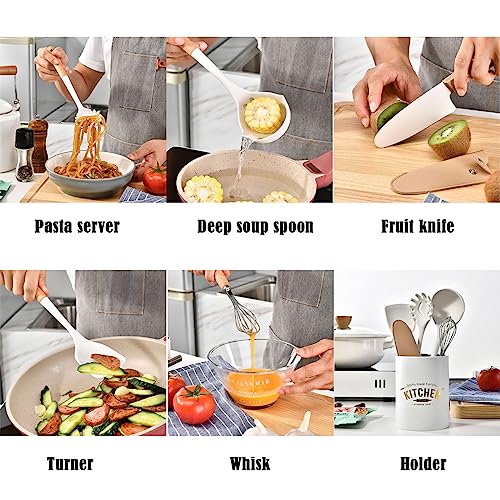 6pcs White Mini Silicone Kitchen Utensils Set, Non-stick Kitchenware Spatula Set with Holder, Cooking Tools Accessories. Include Turner, Soup Spoon, Pasta Server, Whisk, Fruit Knife. - color: 6pcs cooking utensils