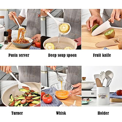 6pcs White Mini Silicone Kitchen Utensils Set, Non-stick Kitchenware Spatula Set with Holder, Cooking Tools Accessories. Include Turner, Soup Spoon, Pasta Server, Whisk, Fruit Knife. - color: 6pcs cooking utensils