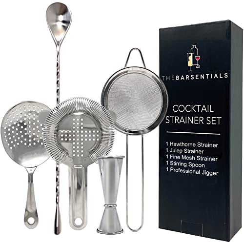 Cocktail Strainer Set Stainless Steel Bar Tools with Stirring Spoon - Hawthorne, Julep, Fine-Mesh and Jigger for Drinks