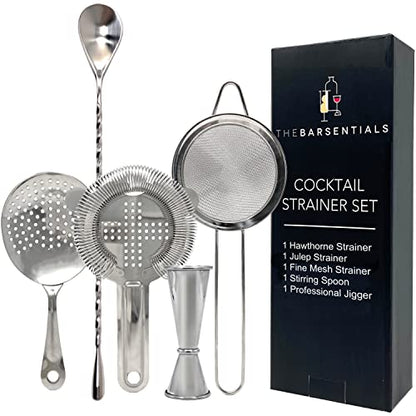 Cocktail Strainer Set Stainless Steel Bar Tools with Stirring Spoon - Hawthorne, Julep, Fine-Mesh and Jigger for Drinks