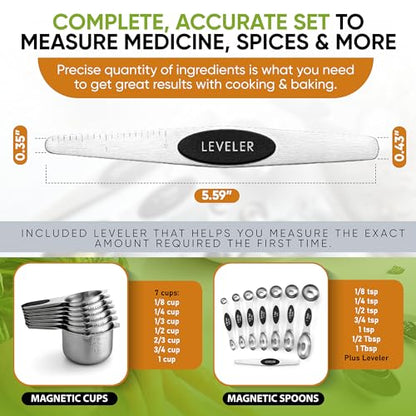 Spring Chef Magnetic Measuring Cups & Spoons Set, Patented, Strong N45 Magnets, Heavy Duty Stainless Steel Fits in Spice Jars for Baking & Cooking, BPA Free, Round Set of 15 with Leveler, Black - color: Black, size: Set of 15