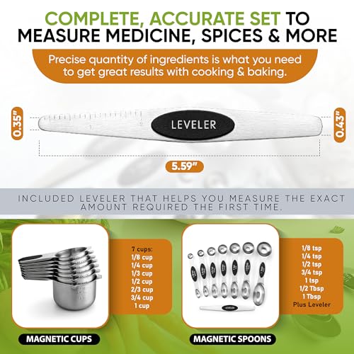 Spring Chef Magnetic Measuring Cups & Spoons Set, Patented, Strong N45 Magnets, Heavy Duty Stainless Steel Fits in Spice Jars for Baking & Cooking, BPA Free, Round Set of 15 with Leveler, Black - color: Black, size: Set of 15