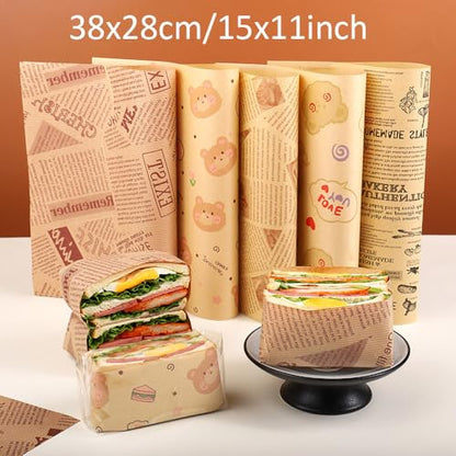 100 Sheets Wax Paper 15 x 11 Inch Greaseproof Sandwich Burger Chips Cuttable Baking Parchment Wraping Paper (Brown #4) - color: Brown #4