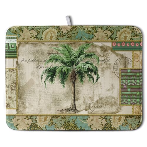Palm Tree Kitchen Dish Drying Mat for Dishes 18x24 Inch Summer Vintage Tropical Leaves Green Jungle Plant Drying Mat Botanical Dish Drainer Mat Super Absorbent Dish Rack Pad for Coffee Bar Sinks - size: 18" x 24"