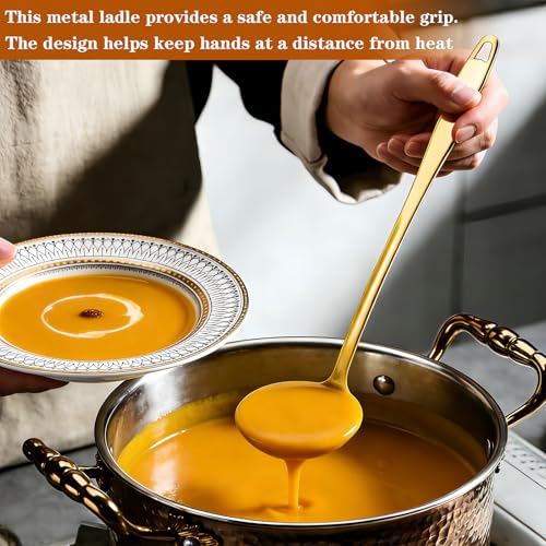 304 Stainless Steel Metal Ladle, Gold Soup Ladle Large Serving Spoon with 11.6" Handle for Cooking Stirring, Dishwasher Safe