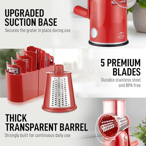 Zulay Kitchen Rotary Cheese Grater 5 Blade Cheese Shredder - Manual Hand Crank Cheese Grater With Reinforced Suction & 5 Interchangeable Drums - Easy to Use, Vegetable Chopper Round Mandoline Slicer - color: Classic | Red