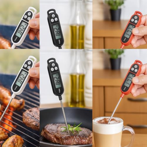 Digital Food Thermometer Combo Pack of 3 | Black+White+Red | Instant Read Meat Probe for Cooking, BBQ, Grill, Oven, Air Fryer | Waterproof Kitchen Thermometer with Long Stainless Steel Probe - color: Malti Color 3in1 combo pack (Red+Black+White)