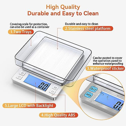 BOMATA Upgraded Small Food Scale, 0.1 g/0.001 oz High Precision, 3000 g/6.6 lb, with New Hold Function and Larger Display, USB Rechargeable, Digital Kitchen Scale for Small Item, Jewelry. Sliver - size: 0.1g/3kg Silver