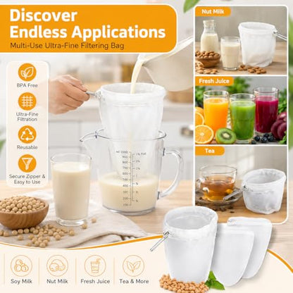 RAINFLOW Ultra Fine Mesh Strainer Bags - 3 Pcs Nut Milk Bag Reusable, Cheese Cloth Bag for Straining, Fine Mesh Strainer for Milk, Coffee, Juice, Yogurt, Stainless Steel Handle, Kitchen Filter Bags