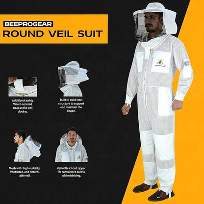 3-Layer Ultra Ventilated Mesh Beekeeping Suit for Men & Women with Veil Sting-Proof Bee Suit with Leather Gloves & Bag - color: Off-white, size: Large