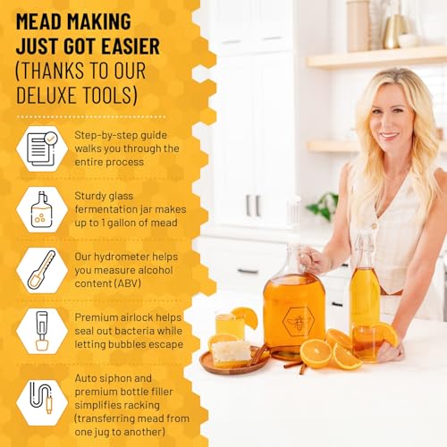 Complete Mead Making Kit for Beginners – Home Brewing Starter Kit – Includes 1 Gallon Glass Jug Carboy - Alcohol Hydrometer for Alcohol Test – Auto Siphon – Airlock – How to Guide and More - color: Standard Deluxe Kit