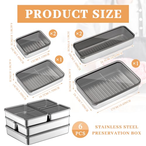 Hushee 6 Pack Bacon Cheese Container for Refrigerator, 304 Stainless Steel Airtight Deli Meat Container, Dishwasher Safe Fridge Storage Fruit Lunch Storage with Lids for Fridge, 4 Sizes