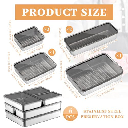 Hushee 6 Pack Bacon Cheese Container for Refrigerator, 304 Stainless Steel Airtight Deli Meat Container, Dishwasher Safe Fridge Storage Fruit Lunch Storage with Lids for Fridge, 4 Sizes