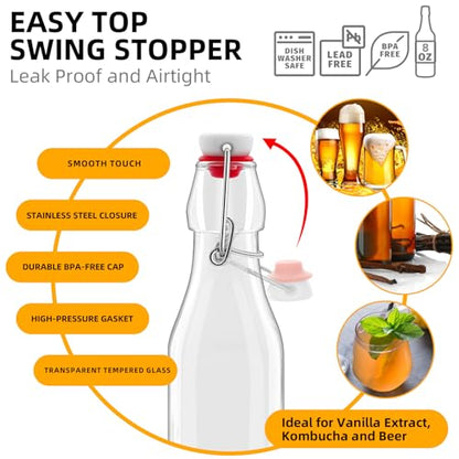 2 Pack 8oz Square Swing Top Glass Bottles, 250ML Bottles with Airtight Stoppers for Kombucha, Kefir, Vanilla Extract, Beer(Bonus Gaskets, Labels and Funnel