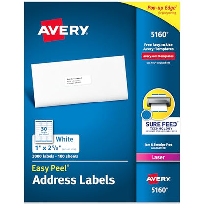 Avery Easy Peel Printable Address Labels with Sure Feed, 1" x 2-5/8" Customizable Stickers, White, 3,000 Blank Mailing Labels, Great for Mailing, Shipping, and More (5160) - size: 1" x 2 5/8", style: 3,000 labels