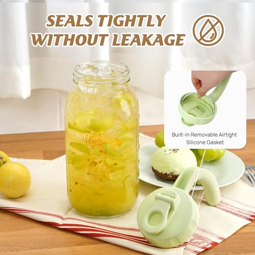 Soligt Glass Mason Jar Pitcher with Lid, Wide Mouth Flip Cap Pour Spout Leak-proof Lid with Handle, 64 oz (2 Quart / 1.9 Liter), for Iced Coffee/Sun Tea Juice/Cold Brew Coffee/Milk (1Pack, Tea Green) - color: Tea Green
