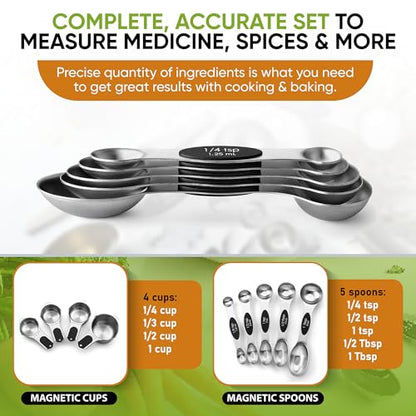 Spring Chef Magnetic Measuring Cups & Spoons Set, Patented, Strong N45 Magnets, Heavy Duty Stainless Steel Fits in Spice Jars for Baking & Cooking, BPA Free, Round Set of 9, Black - color: Black, size: Set of 9