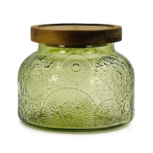 Decorative Green Glass Jar with Airtight Wooden Lid 25.4 oz, Wide Mouth Vintage Kitchen Food Storage Container for Cookie Candy Honey Flour Spice Coffee Tea, Home Decor Sand Candle Holder Vase - size: 25.4 Ounces, style: Green Flower