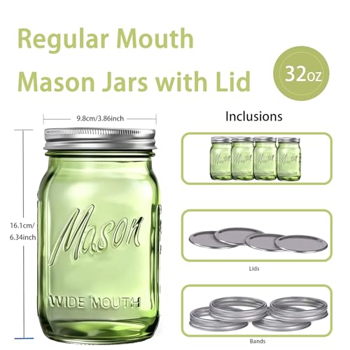 Rubtlamp Green Mason jar 32 oz, 12 Pack Glass Jars - Wide Mouth Mason Jars with Airtight Lids for Pickling, Fermenting, Food Storage&DIY Crafts, Microwave & Dishwasher Safe - color: Green