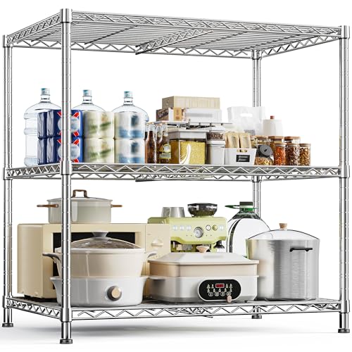 DurayLoly 3-Tier Adjustable Metal Shelving,Heavy Duty Wire Storage Rack 35.4"W x 23.6"D x 35.4"H, Tool-Free Assembly, Large Capacity Storage Shelves for Bathroom,Kitchen,Laundry,Bedroom,Pantry,Chrome - color: Chrome, size: 35.4"W x 23.6"D x 35.4"H