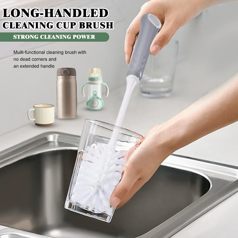 Long Handle Bottle Cleaning Brush with Soft Nylon Bristles, White and Gray, 12.79 Inches, for Baby Bottles, Water Bottles, Glassware