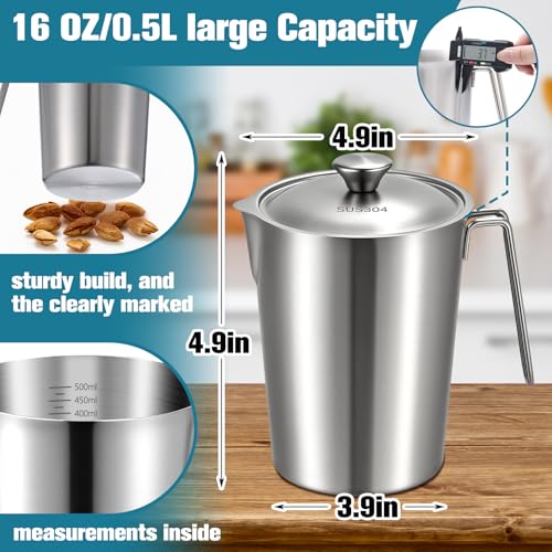 2 Pcs 0.5 L/16 oz Large Stainless Steel Pitcher with Lid, Metal Measuring Cup, Large Mouth Graduated Beakers with Handle, Milk Frothing Jug for Espresso Machine, Latte Art, Hot/cold Water - size: 0.5 L/16 oz