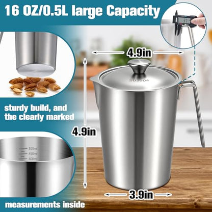 2 Pcs 0.5 L/16 oz Large Stainless Steel Pitcher with Lid, Metal Measuring Cup, Large Mouth Graduated Beakers with Handle, Milk Frothing Jug for Espresso Machine, Latte Art, Hot/cold Water - size: 0.5 L/16 oz