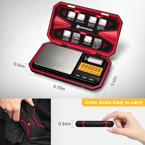 UNIWEIGH Travel Digital Pocket Scale 200g/0.01g, Digital Gram Scales | Mini Food Scale with 50g Calibration Weight for Food, Powder,small items, Tea, Jewelry, Coins (Battery Included)-Red - color: Red