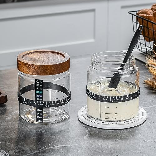 Wissy&Konny Sourdough Starter Jar 35OZ with Ounce Scale Line,Date Marked Feeding Band, Thermometer, Sourdough Jar Scraper, Cloth Cover & Wood Lid, Wide Mouth for Sourdough Bread Baking - color: Wood Lids-1 Pack