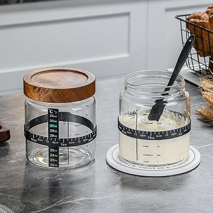 Wissy&Konny Sourdough Starter Jar 35OZ with Ounce Scale Line,Date Marked Feeding Band, Thermometer, Sourdough Jar Scraper, Cloth Cover & Wood Lid, Wide Mouth for Sourdough Bread Baking - color: Wood Lids-1 Pack