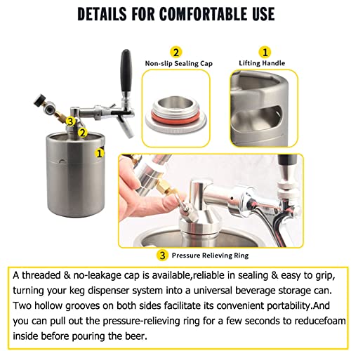 Mini Stainless Steel Beer Keg,Portable Home Dispenser System to Keep Fresh for Home Kitchen Brewing Beer,Keeps Carbonation for Craft Beer Draft and Homebrew,2 liters