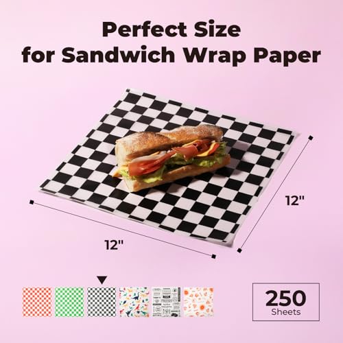 Fit Meal Prep 250 Sheets 12x12" Deli Paper, Black and White Checkered, Grease-Proof Wax Paper for Food Basket, Picnic, Burgers - color: Black Checkered