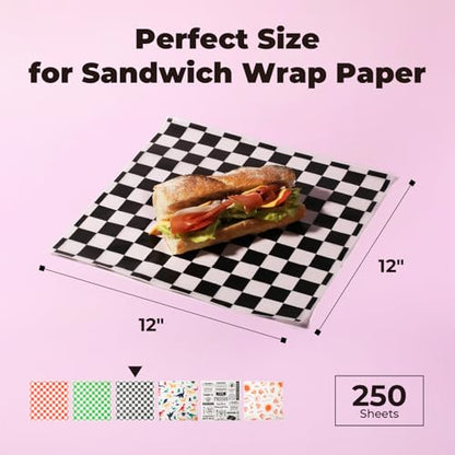 Fit Meal Prep 250 Sheets 12x12" Deli Paper, Black and White Checkered, Grease-Proof Wax Paper for Food Basket, Picnic, Burgers - color: Black Checkered
