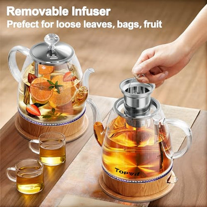 Topwit Electric Kettle Glass, For Hot Water, Tea and Coffee Dual Purpose Design, BPA-Free, 1L Pour Over Removable Stainless Steel Infuser, Auto-shut Off & Boil-dry Protect - color: Wood