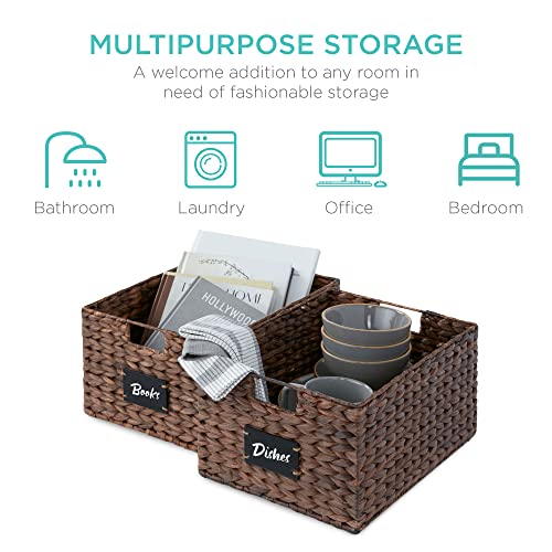Best Choice Products 식료품 저장실 바구니 40.6 x 30.5cm(16 x 12인치) 워터 히아신스 보관 바구니 2개 세트, 손잡이가 달린 우븐 고리버들 주방 정리함, 칠판 라벨 분필 마커 포함 - 브라운 - color: 브라운., size: 12x16x8in