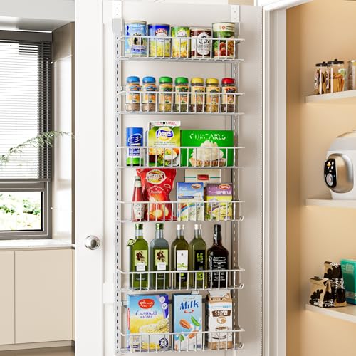 Delamu Adjustable Cabinet Door Organizer, 6-Tier Hanging Spice Rack Organizer, Metal Over the Door Pantry Organizer, Pantry Organizers and Storage Shelves for Kitchen Bathroom Laundry Room, White M - color: White, size: 6 Tier-Medium