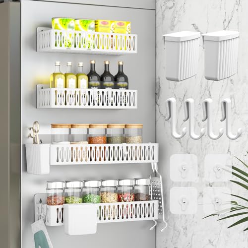 Sevenblue 4-Pack Magnetic Spice Rack for Refrigerator with Hooks, White | Strong multipurpose magnetic shelf for kitchen & bathroom organization. Includes 4 removable hooks for hanging items. - color: White-old, size: 4 Pack