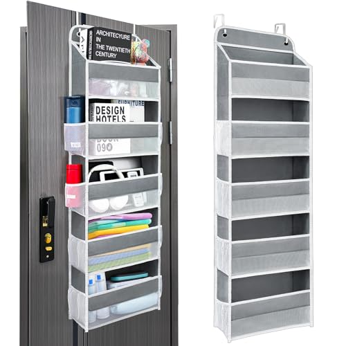 Easy Assembly Over The Door Organizer, 5 Shelves& 8 Side Pockets, Heavy-Duty Reinforced Mesh Rack Holds 44lb, Hanging Behind Door Storage for Bathroom Pantry, Nursery, Closet, Shoes, Towels-Grey - color: Grey, size: 5 shelf