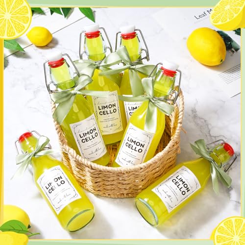 Teenyyou 8 Set 8.5 oz Limoncello Bottle Swing Top Glass Bottles for Limoncello Homemade Flip Top Brewing Bottles Airtight Cap Lids with Stickers and Ribbon for Home Wedding Baby Shower Party Favors